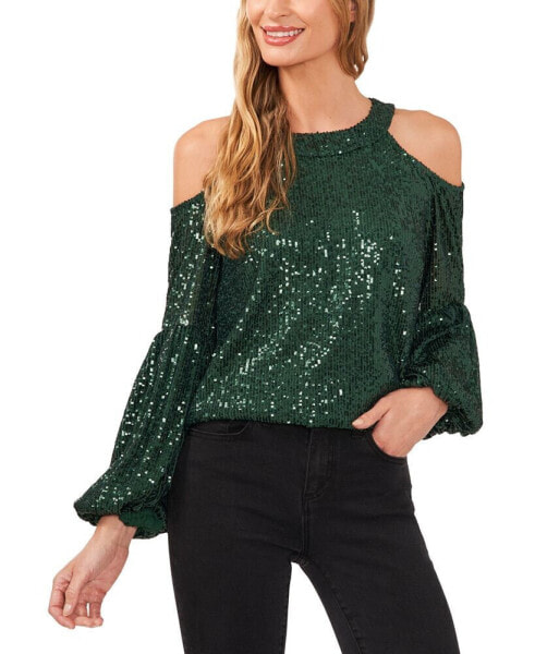 Women's Sequined Long Sleeve Cold-Shoulder Blouse