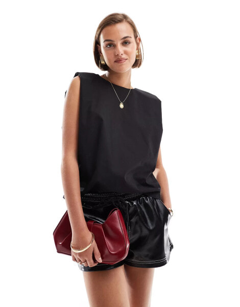 ASOS DESIGN sleeveless shoulder pad woven t-shirt in black