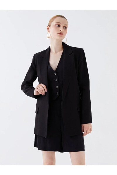Düz Uzun Kollu Keten Karışımlı Kadın Blazer Ceket