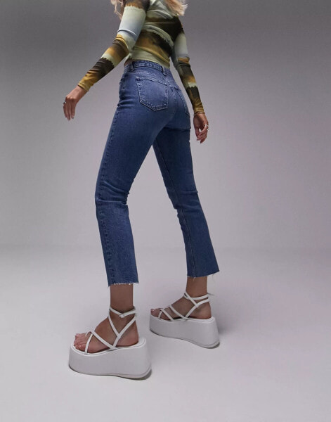 Topshop Hourglass cropped mid rise straight jeans with raw hems in mid blue