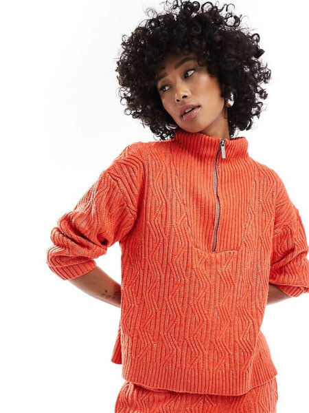 Native Youth zip up funnel neck chunky jumper co-ord in red