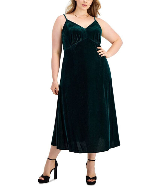 Plus Size Velvet Empire-Waist Sleeveless Midi Dress