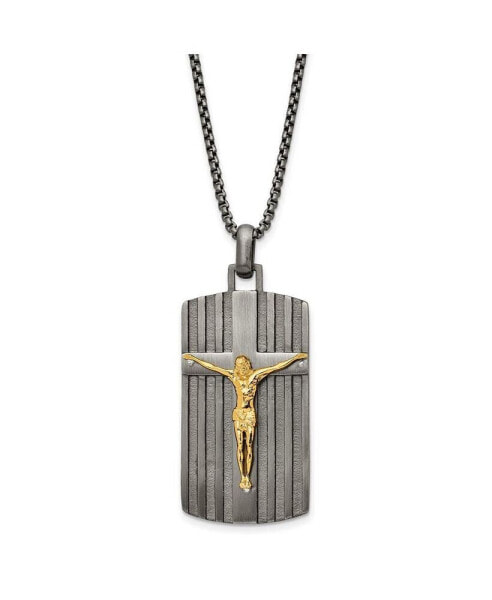 Brushed Yellow IP-plated Crucifix Dog Tag Box Chain Necklace