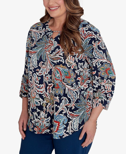 Plus Size Classic Scroll 3/4 Ruched Sleeve Top