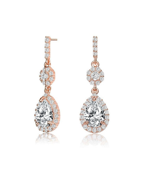 Sterling Silver with Rose Gold Plated Clear Pear with Round Cubic Zirconia Halo and Cluster Accent Drop Earrings