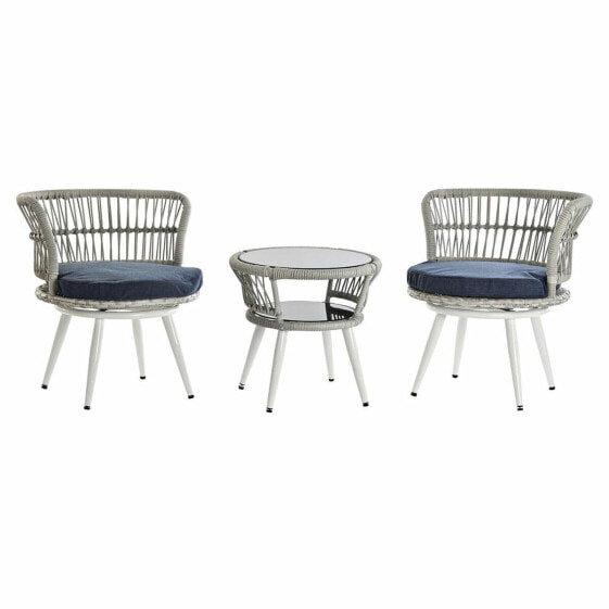Набор стол и 2 кресла DKD Home Decor Синий Белый Синий/Белый Стеклянный Сталь синтетический ротанг 65 x 65 x 68 cm
