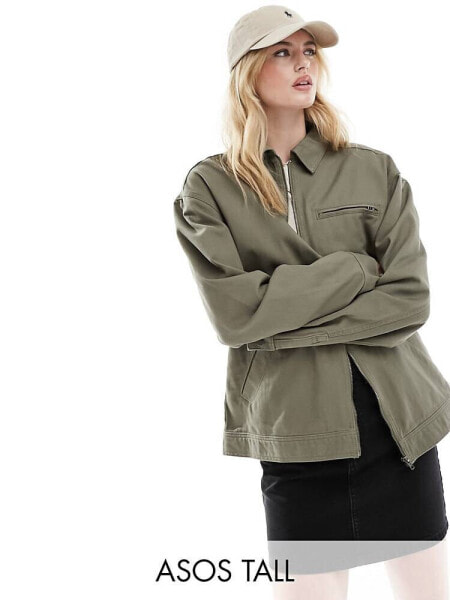 ASOS DESIGN Tall twill harrington shacket in khaki