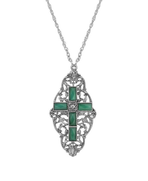 Symbols of Faith pewter Green Stone Cross Necklace