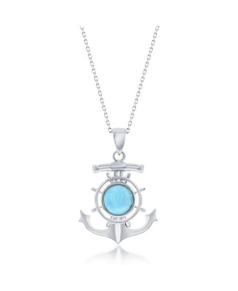 Sterling Silver Round Larimar Anchor Ship Wheel Necklace