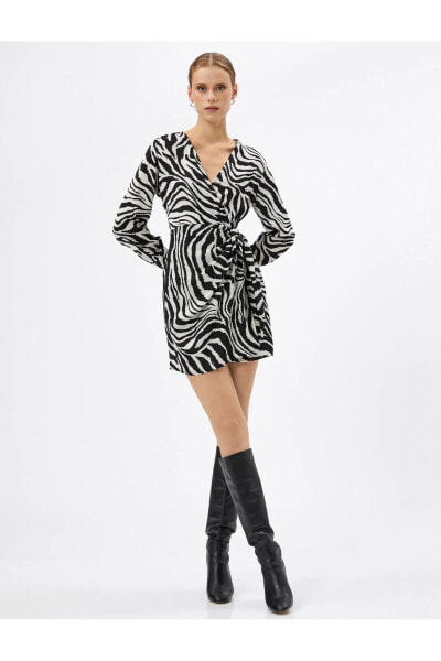 Zebra Desenli Elbise Mini Anvelop Uzun Kollu V Yaka