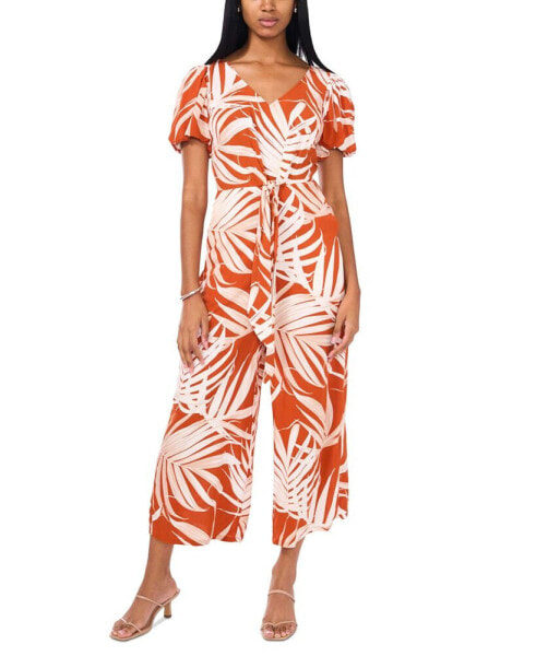 Petite Printed Puff-Sleeve Wide-Leg Jumpsuit