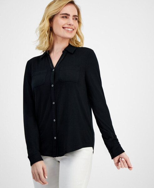 Petite Button-Front Long-Sleeve Knit Shirt, Created for Macy's