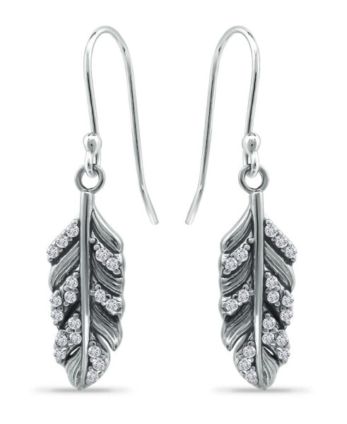 Cubic Zirconia Pave Feather Drop Earrings in Sterling Silver