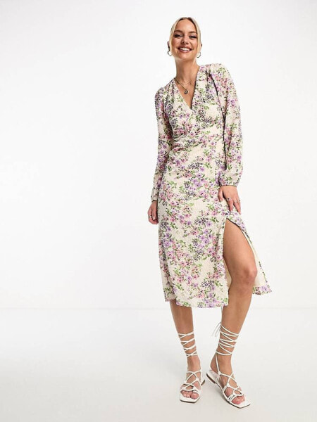 Vero Moda long sleeve midi dress in pink and purple floral