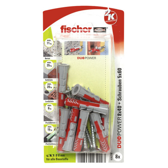 fischer DUOPOWER 8 x 40 S, Screw & wall plug kit, Concrete, Grey, Pozidriv, PZ2, 40 mm