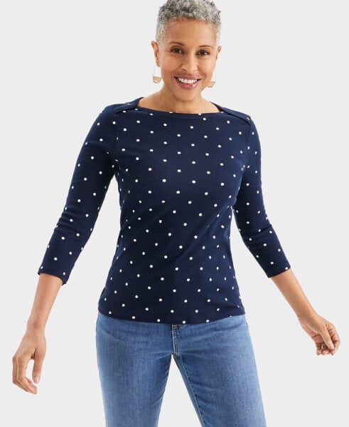 Petite Cotton Dot-Print Boat-Neck Top, Created for Macy's