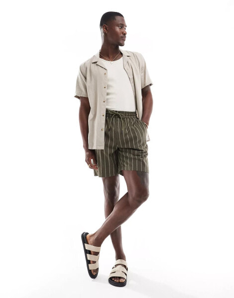 ONLY & SONS pull on linen mix short in khaki stripe