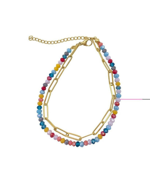Multi Color Bead and Paper Clip Chain Double Bracelet