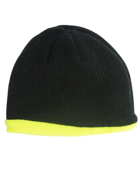 Men's Unisex Reversible Fleece Beanie, High Vis Green and Black, One Size