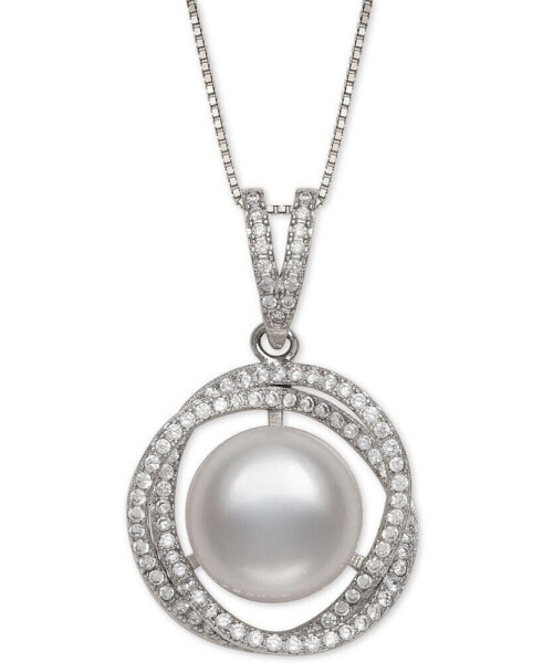 Cultured Freshwater Pearl (11mm) & Cubic Zirconia 18" Pendant Necklace in Sterling Silver