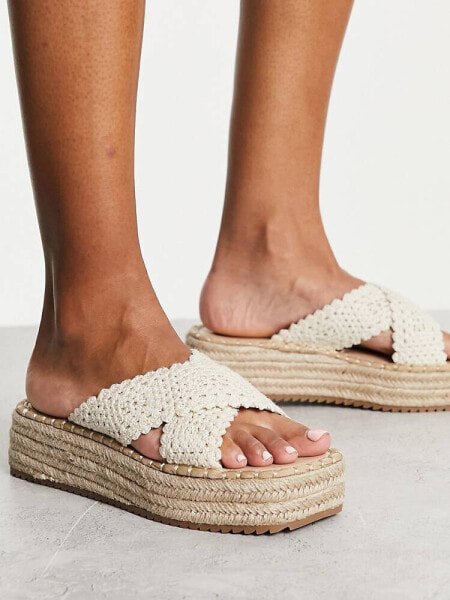 ASOS DESIGN Jazlyn flatform crochet mules in natural 