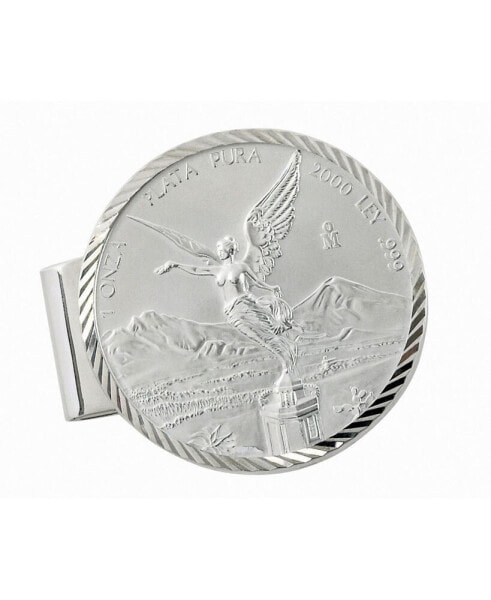 Men's Sterling Silver Diamond Cut Coin Money Clip with Mexican Libertad 1 Oz Silver Coin