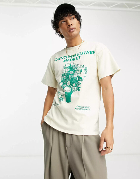 PacSun – T-Shirt in Creme mit „Flower Market“-Motiv