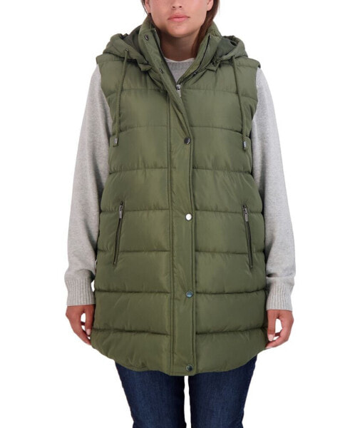 Plus Size Long Puffer Vest Jacket with Detachable Hood