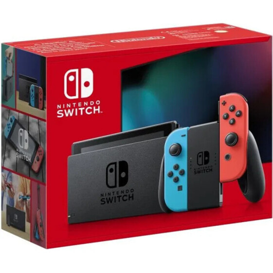 Nintendo Switch-Konsole mit einer neonroten Joy-Con und einer neonblauen Joy-Con