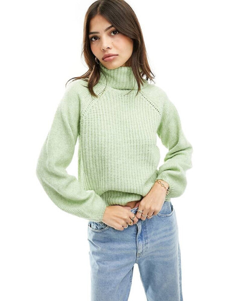 JDY roll neck puff sleeve jumper in pale green