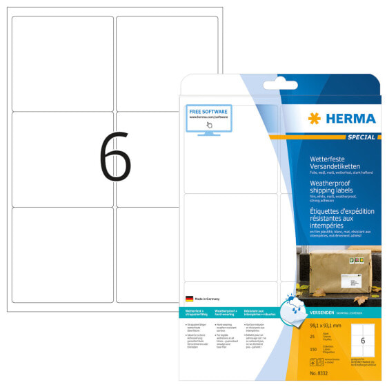 HERMA Shipping labels weatherproof A4 99,1x93,1 mm white strong adhesion film matt 150 pcs. - White - Polyester - Laser - Matte - Permanent - Rounded rectangle