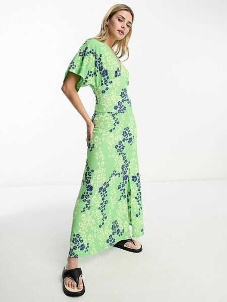 ASOS DESIGN long sleeve tea dress with seam detail in green floral 