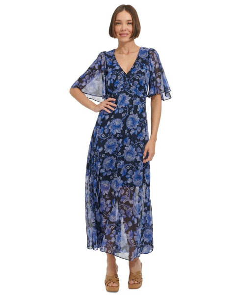 Women's Floral Flutter-Sleeve Maxi Dress