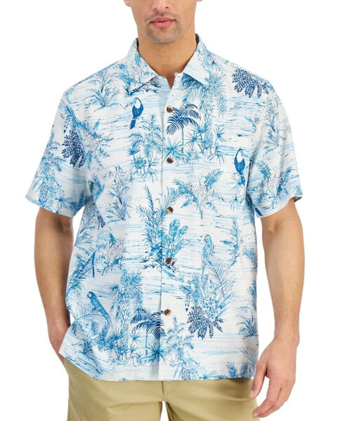 Men's Bird's-Eye View Tropical-Print Button-Down Silk Camp Shirt