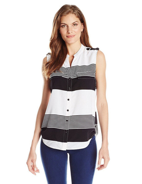 NY Collection Women's Sleeveless Striped Button Down Shirt Blouse Black White M