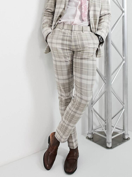 ASOS DESIGN skinny linen mix suit trousers in stone check