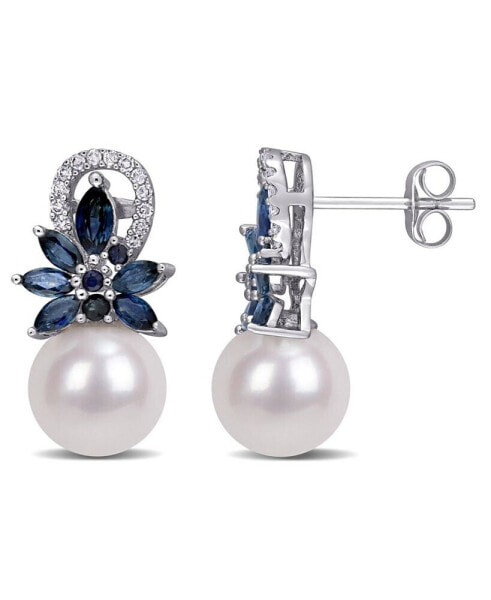 Freshwater Cultured Pearl (9-9.5mm), Sapphire (1 5/8 ct. t.w.) and Diamond (1/8 ct. t.w.) Floral Earrings in 14k White Gold