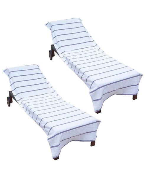 Chaise Lounge Cover (Pack of 2, 30x85 in.), Cotton Terry Towel with Pocket to Fit Outdoor Pool or Lounge Chair, White with Colored Stripes