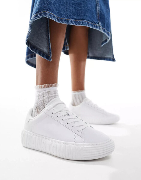 Tommy Jeans essential leather cupsole trainers in triple white