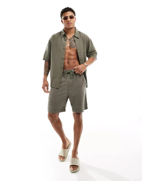 Bershka linen look short co-ord in khaki