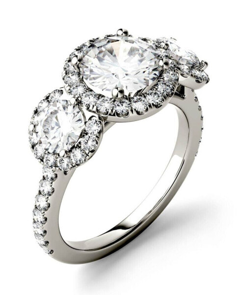 Moissanite Three Stone Halo Ring (3 ct. t.w. Diamond Equivalent) in 14k White Gold