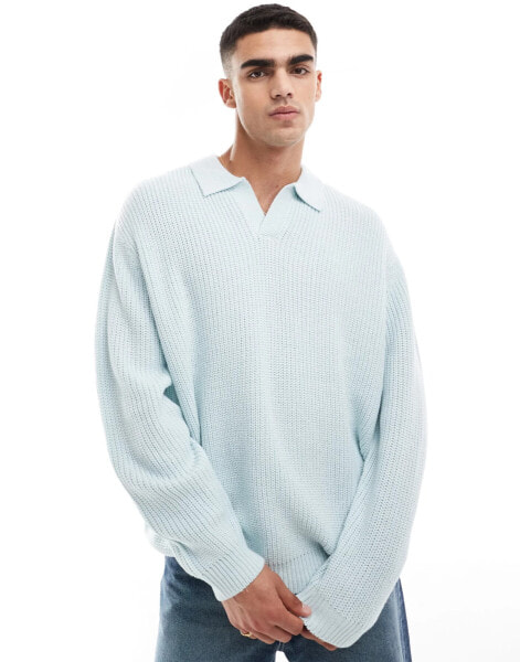 ASOS DESIGN knitted oversized fisherman rib notch neck jumper in light blue