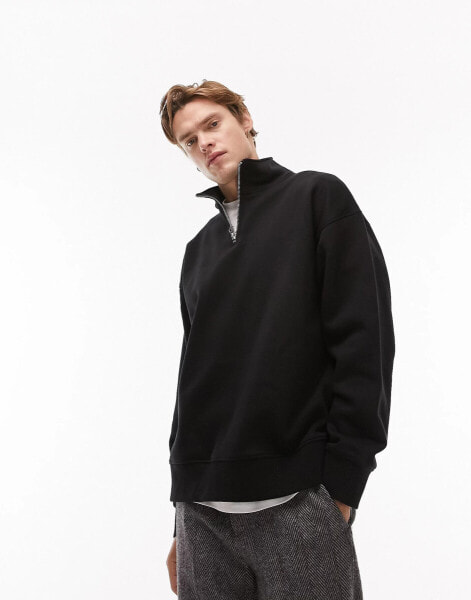 Topman – Oversize-Sweatshirt aus schwerem Stoff in Schwarz mit kurzem 1/4-Reißverschluss