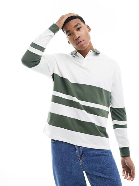 ASOS DESIGN oversized long sleeve polo with white and green cut & sew