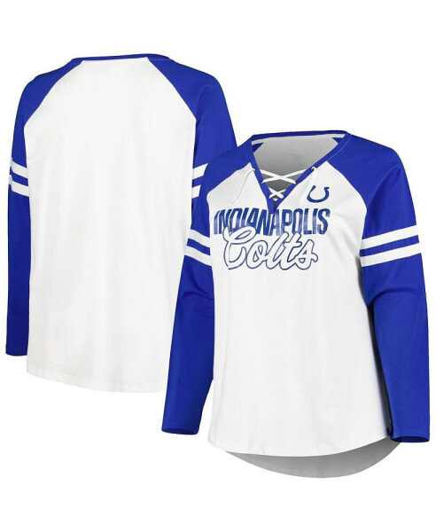 Women's Royal, White Indianapolis Colts Plus Size True to Form Lace-Up V-Neck Raglan Long Sleeve T-shirt