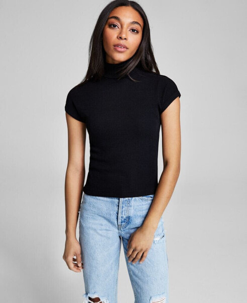 Women's Ribbed Cap-Sleeve Turtleneck Top