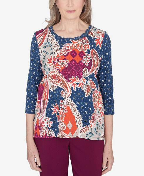 Classic Paisley Patchwork Knotted Crew Neck Top