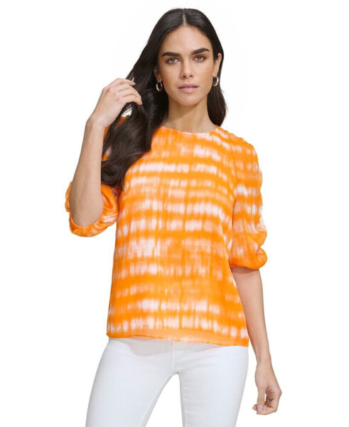 Women's Printed Ruched-Sleeve Textured Top