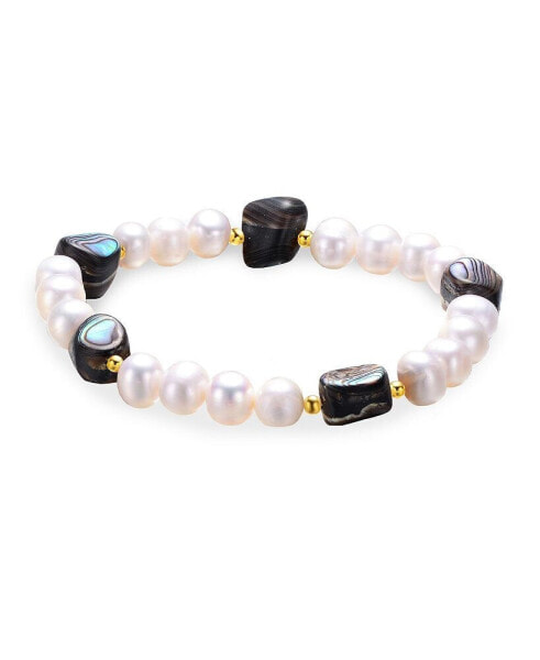 Sterling Silver White Gold Plated and Freshwater Pearl Abalone Bracelet