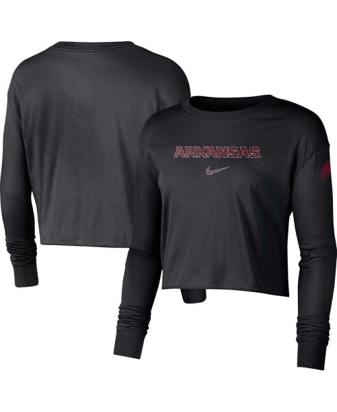 Women's Black Arkansas Razorbacks 2-Hit Cropped Long Sleeve Logo T-shirt